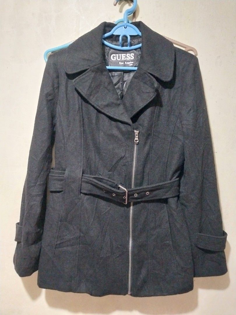 Guess Black Wool Coat Jacket with Belt (Category: Coats, Jackets and Outerwear) located in Manila. Submitted by PrinceDani.Clothing (Listing ID 1465017828, Image 3). Description: guess black wool trench jacket Medium fit 19in width 27in length excellent condition .