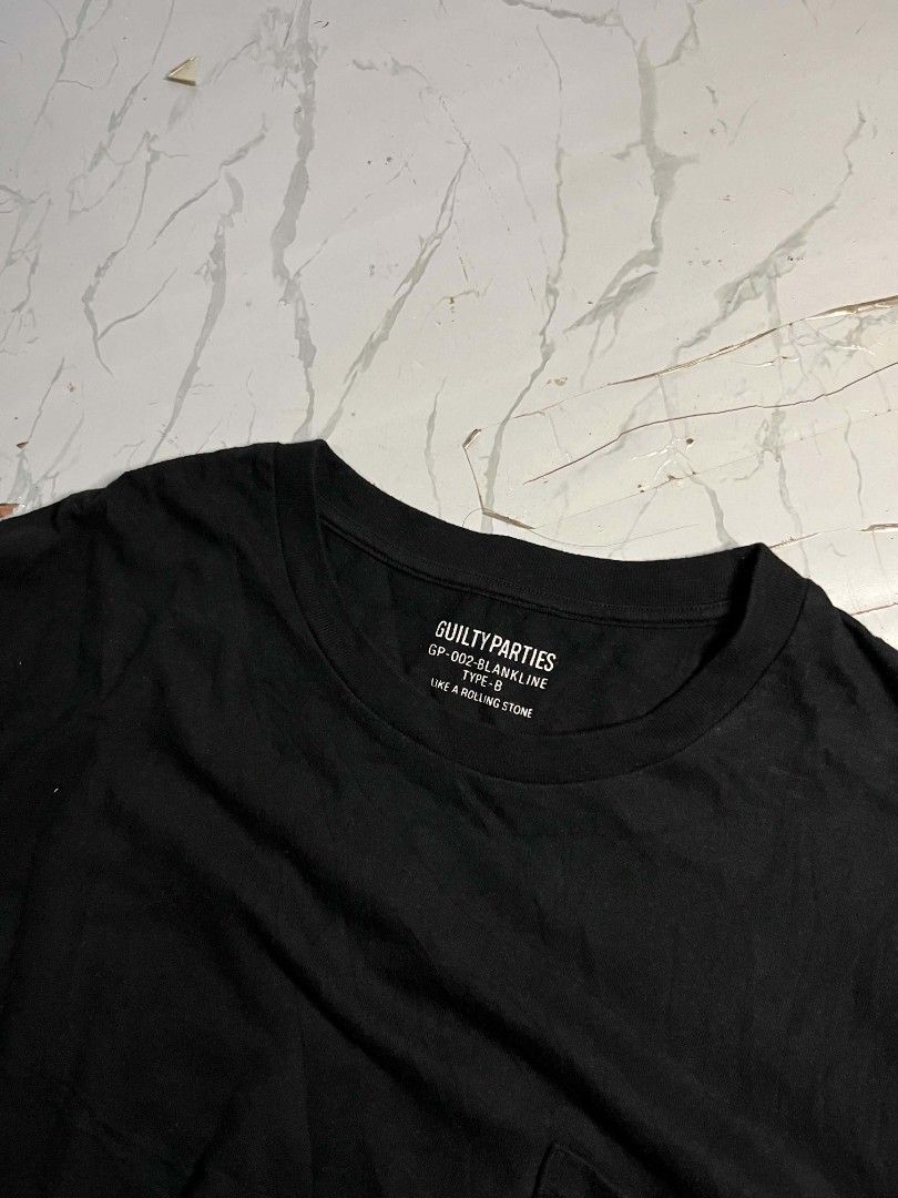 Guilty Parties Wacko Maria BLANKLINE Type-B cotton (Category: Activewear) located in Zamboanga. Submitted by abubazir7 (Listing ID 1465077024, Image 2). Description: black Wacko Maria BLANKLINE Type-B T-shirt with the "Guilty Parties "Like a Rolling Stone" THE GUILTY PARTIES OUTRAGEOUS Pocket tee Size Xl Dimensions Length 30 Width 21 Shoulder 18.5 Condition: Excellent Color rate : 9.5 or good Price : 1500 add Sf.