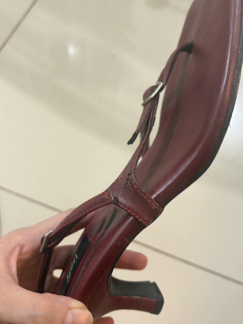 Gvn Burgundy Kitten Heels (Category: Heels) located in Pasay City. Submitted by bananaac_ (Listing ID 1465069806, Image 3). Description: - Fit: Slingback strap with an adjustable buckle - Condition: Noticeable peeling and wear on the inner strap area (as pictured), but still sturdy and wearable - bought here in carousell for 1,800 - started peeling cause nadikitan ng tape.
