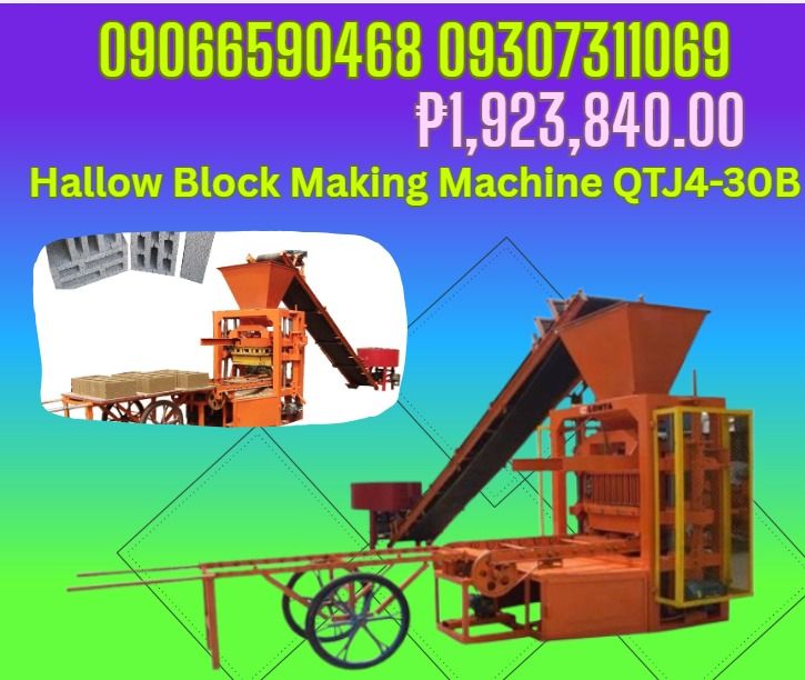 Hallow Block Making Machine Type Standard /Hollow/pavement QTJ4-30B (Category: Looking For) located in Caloocan City. Submitted by topherchri03260 (Listing ID 1464986569, Image 1). Description: Type Standard /Hollow/pavement QTJ4-30B Power 13kw/auto Electrical source 380V/50Hz Cycle 30-35s Carriage Size 850*550*30mm Method Production Capacity 240*115*53mm 26pcs/mould 400*240*200mm 3pcs/mould 400*200*200mm 4pcs/mould Overall Size 2300*1700*2650mm 