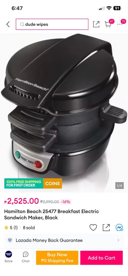 Hamilton Beach 25477 Breakfast Electric Sandwich Maker, Black (Category: Breadmakers) located in Manila. Submitted by myshanshine (Listing ID 1465163002, Image 1). Description: - Brand: Hamilton Beach (Model 25477) - Color: Sleek Black - Feature: Double nonstick cooking plates for easy sandwich assembly and quick cleanup - Indicator Lights: Front power and preheat lights for hassle-free cooking - Convenience: Perfect, fast breakfast maker for bus
