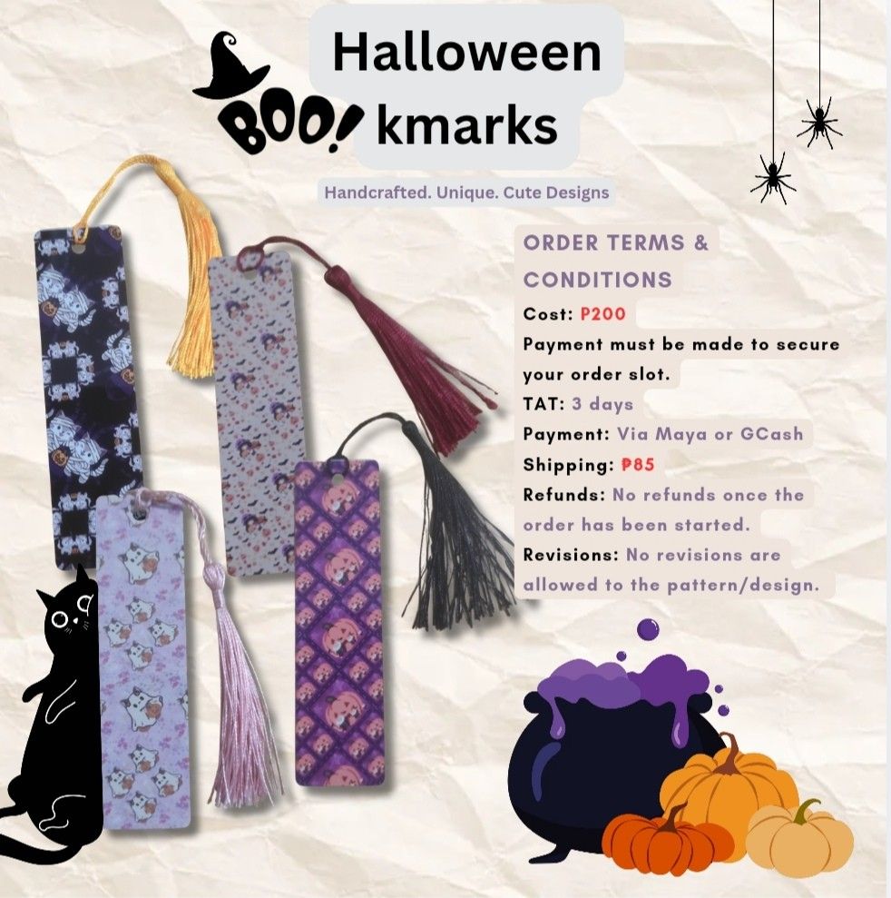 Handcrafted Halloween Bookmarks with Tassels (Category: Handmade Craft) located in Davao. Submitted by crafter_crow (Listing ID 1464992611, Image 1). Description: - Handmade Halloween bookmarks with cute designs - Includes a matching colored tassel - Price: P200 per piece - Payment via GCash or Maya - Shipping fee outside Davao City: P85 - No refunds or pattern revisions once order starts.