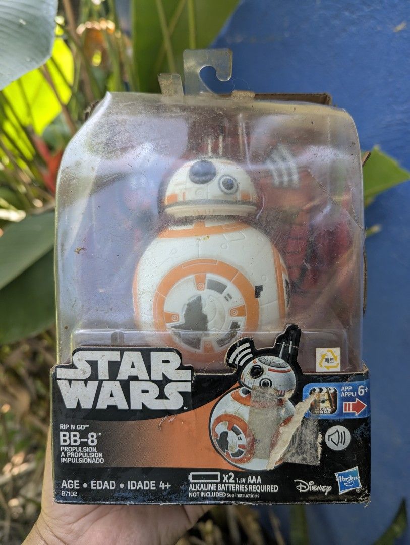 Hasbro Star Wars Rip N Go BB-8 Action Figure (Category: Action & Battle Toys) located in Bacolod City. Submitted by closetcleanupbcd (Listing ID 1464982227, Image 1). Description: - Item: Star Wars Rip N Go BB-8 Toy by Hasbro - Condition: Brand new, figure is unopened and still inside the box - Packaging Flaws: Box shows heavy wear, tears, and scuffs on both cardboard and plastic - Recommended Age: 4 years and up - Power: Requires 2 AAA batteries