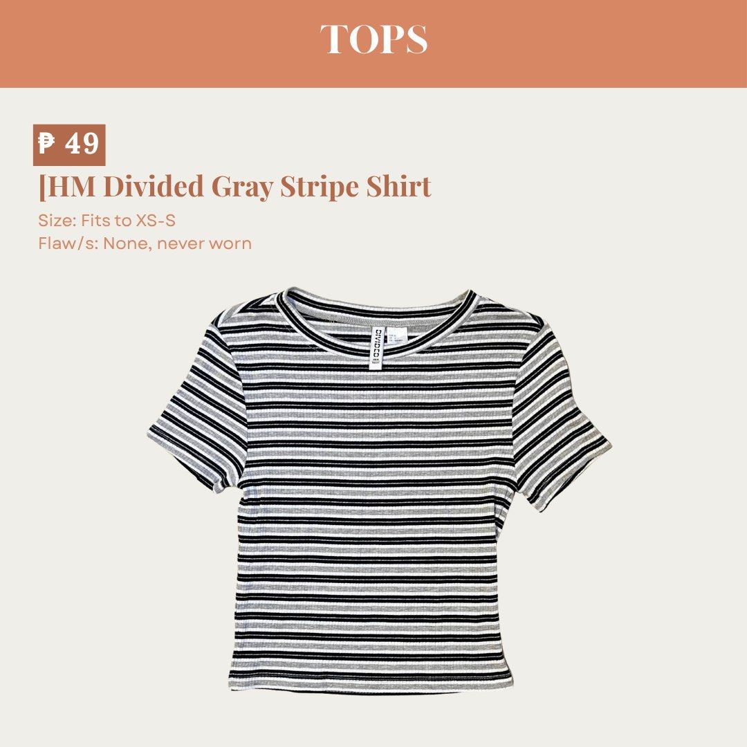 H&M Divided Gray Stripe Shirt (Category: Shirts) located in Manila. Submitted by preloveddorangecloset (Listing ID 1465068879, Image 1). Description: - Brand: H&M Divided - Color: Gray, black, and white stripes - Design: Short sleeves, ribbed fabric, crew neckline - Size: Fits extra small to small frames - Condition: Brand new, never worn, zero flaws, clean - Style: Great basic piece for everyday casual outfits.