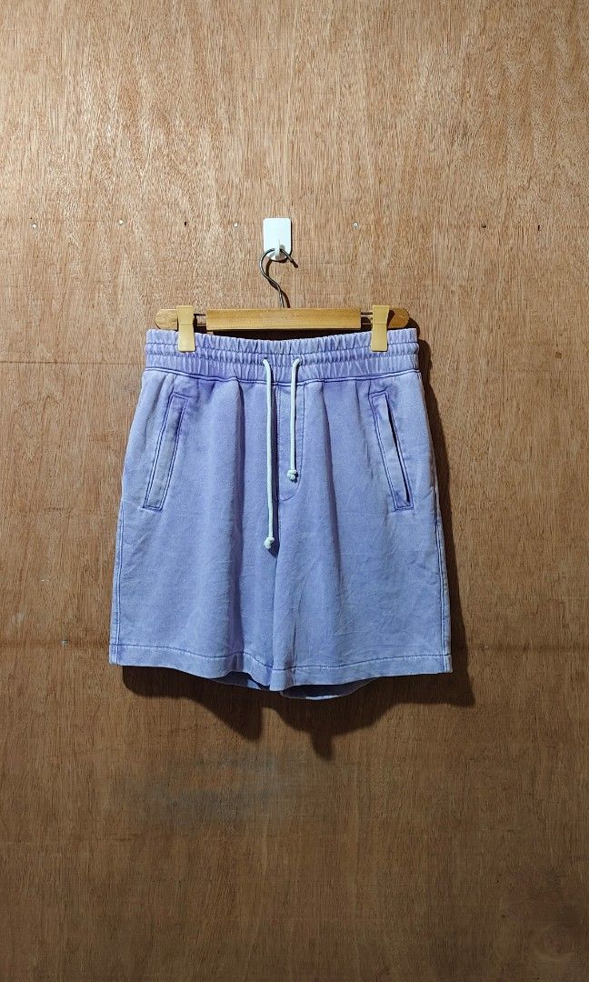 H&M Lavender Sweatshorts (Category: Shorts) located in Mati. Submitted by gsthrift (Listing ID 1465057412, Image 1). Description: small on tag width 30-33 length 19.5 hem 12 washed.