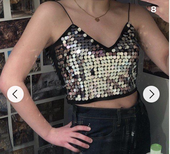 H&M Sequined Bustier (Category: Others Tops) located in Makati City. Submitted by boldturtle-8720 (Listing ID 1465135129, Image 1). Description: BNWT Sparkly H&M black cami top covered in eye-catching iridescent round sequins. L 15” Chest 14” Waist 13”.