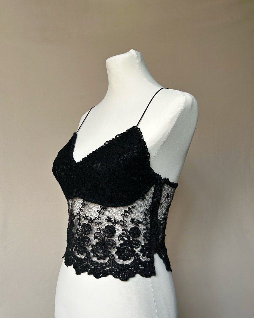 Hommage Black Lace Cami Top (Category: Sleeveless) located in Los Banos. Submitted by hotlinevintage777 (Listing ID 1465003355, Image 2). Description: — brand: hommage — s on tag, fits s to m — thick, hq lace fabric — bust part is double lined, lower part is lace/see through.
