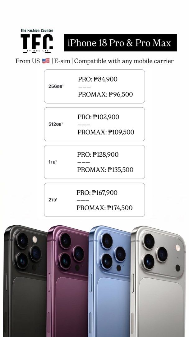 iPhone 18 Pro & Pro Max (Category: Announcements) located in Iligan City. Submitted by mimmyfinds (Listing ID 1465167206, Image 2). Description: ₱25,000 DOWNPAYMENT ONLY! 2-4 WEEKS EDA From US 🇺🇸 E-sim | Connect to any mobile carrier.