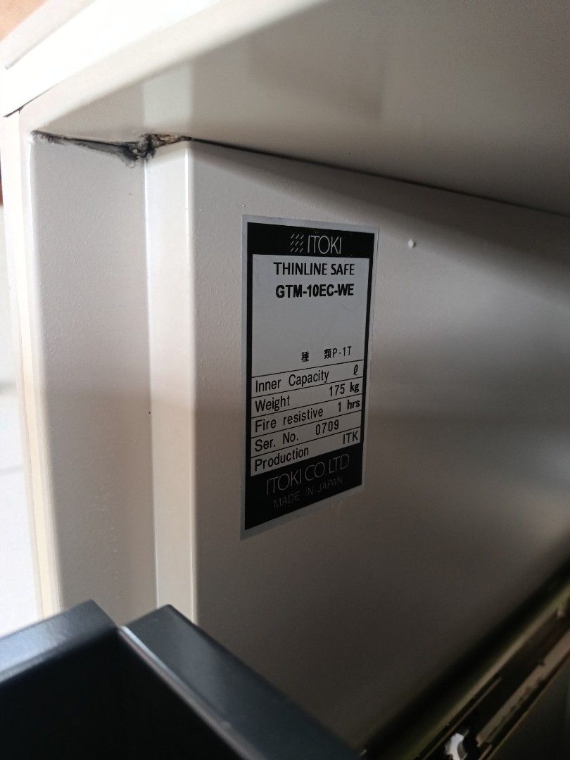 Itoki Thinline Safe GTM-10EC-WE Fire Resistive Filing Cabinet (Category: Office Furniture & Fixtures) located in Quezon City. Submitted by kevinmacabata12997160 (Listing ID 1464971452, Image 3). Description: - Brand/Model: Itoki Thinline Safe GTM-10EC-WE - Origin: Made in Japan (Serial No. 0709) - Type: 3-drawer heavy-duty fire-resistive filing cabinet - Fire Rating: 1 hour fire protection - Dimensions: 90cm (L) x 45cm (W) x 110cm (H) - Weight: 1