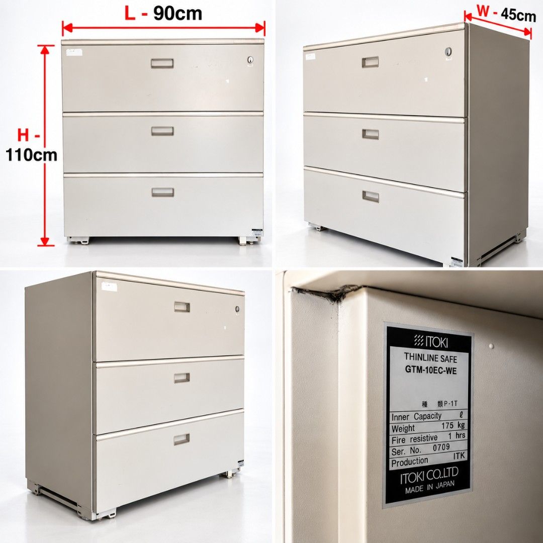 Itoki Thinline Safe GTM-10EC-WE Fire Resistive Filing Cabinet (Category: Office Furniture & Fixtures) located in Quezon City. Submitted by kevinmacabata12997160 (Listing ID 1464971452, Image 1). Description: - Brand/Model: Itoki Thinline Safe GTM-10EC-WE - Origin: Made in Japan (Serial No. 0709) - Type: 3-drawer heavy-duty fire-resistive filing cabinet - Fire Rating: 1 hour fire protection - Dimensions: 90cm (L) x 45cm (W) x 110cm (H) - Weight: 1