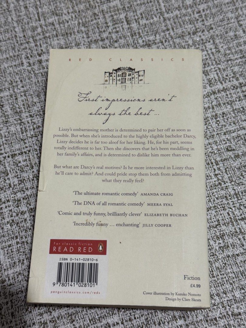 Jane Austen Pride and Prejudice Penguin Red Classics Paperback (Category: Storybooks) located in Cavite. Submitted by yourpahinagirly (Listing ID 1464990612, Image 3). Description: - Title: Pride and Prejudice by Jane Austen - Edition: Penguin Red Classics (Paperback with cover illustration) - Condition: Pre-loved with natural yellowing/tanning along the page edges - Wear & Tear: Minor creasing near the spine and corners, with some wear marks on 