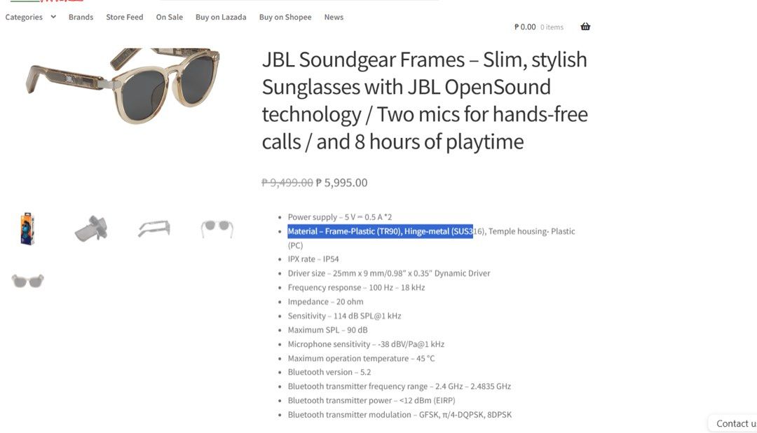 JBL Soundgear Frames Audio Sunglasses (Category: Sunglasses & Eyewear) located in Manila. Submitted by Sassy_Lips (Listing ID 1464985402, Image 2). Description: - JBL Soundgear Frames open-sound technology sunglasses - Built-in dual microphones for clear, hands-free calls - Up to 8 hours of playtime on a single charge - IPX5 water resistance rating for active daily use - Lightweight plastic frame with durable metal hinges - Reliable Bluetooth 5.2
