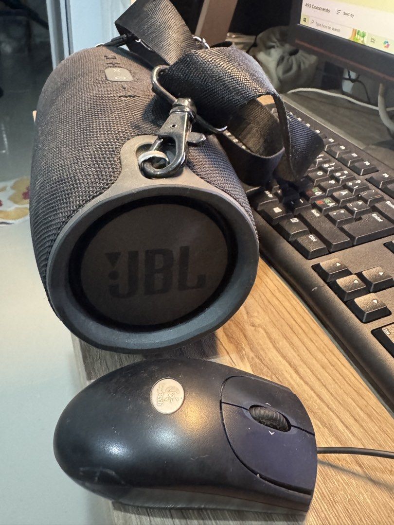 JBL Xtreme Portable Bluetooth Speaker with Strap (Category: Soundbars, Speakers & Amplifiers) located in Cavite. Submitted by marcuz1316 (Listing ID 1465159057, Image 3). Description: - Authentic JBL Xtreme portable Bluetooth speaker in black - Heavy-duty fabric mesh wrap with the iconic red logo - Delivers massive, room-filling sound with deep bass - Splashproof design, works great for outdoor use and parties - Rear compartment features dual USB
