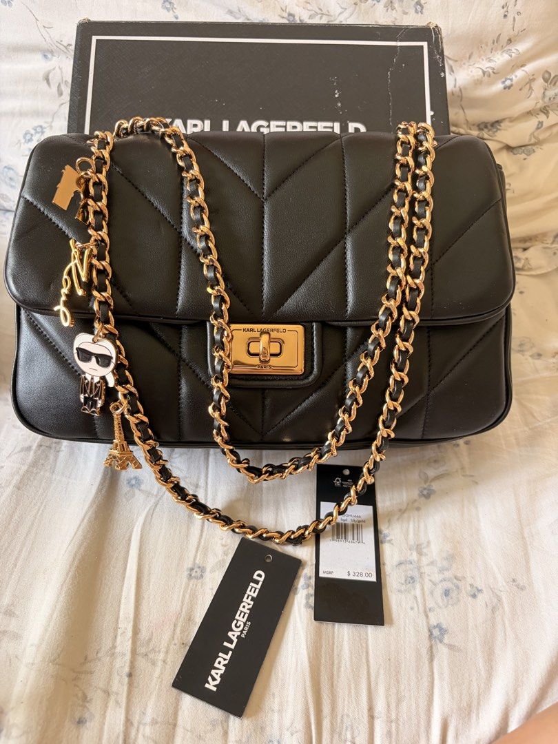 Karl Lagerfeld Paris Bag (Category: Shoulder Bags) located in Cabanatuan. Submitted by wildcrystal_26 (Listing ID 1464983841, Image 1). Description: Karl Lagerfeld Paris Agyness Quilted Shoulder Bag Black Gold BNWT Authentic MSRP $328.