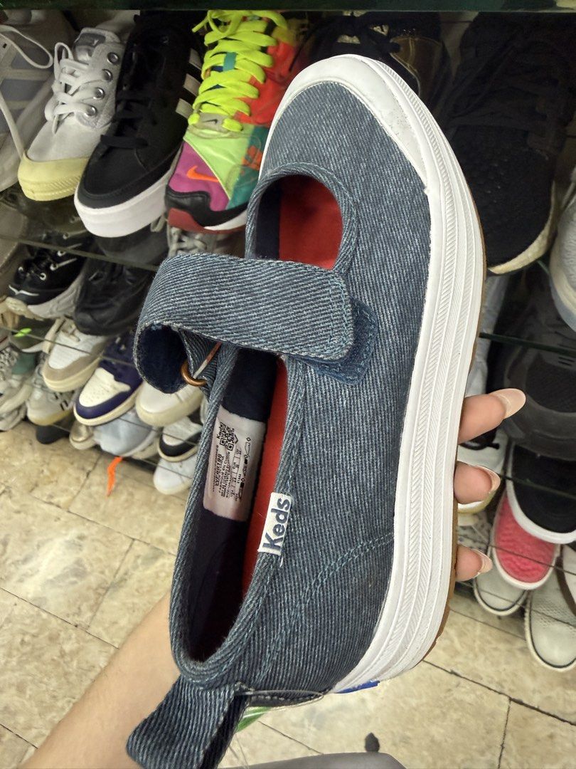 Keds Denim Mary Jane Platform Sneakers (Category: Sneakers) located in Manila. Submitted by fastlion.584bdf (Listing ID 1465070164, Image 1). Description: - Brand: Keds - Style: Denim platform sneakers with Mary Jane design and velcro strap - Color/Material: Blue denim upper, chunky white midsole, and gum outsole - Details: Red interior lining, white Keds insole branding, back heel pull tab, and blue heel logo badge - Condition: Excellent pre-lov