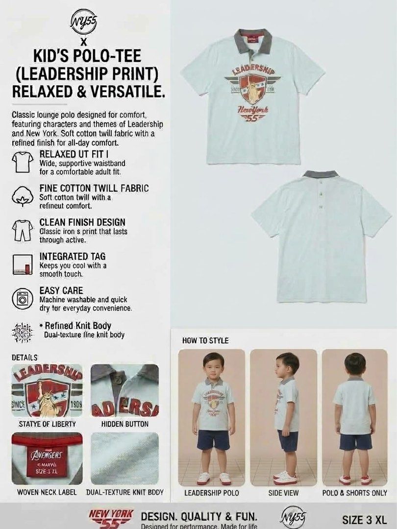 Kid’s Polo-Tee shirt (Category: Looking For) located in Paranaque City. Submitted by hershop.sbt (Listing ID 1465020953, Image 1). Description: Name: Kid’s Polo-Tee (Leadership Print) / Refined Heritage Kids’ Polo-Tee (Leadership Edition) Color: Light Blue with Charcoal Gray collar Size: Size 3 XL.