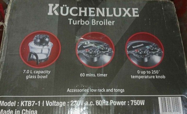 Kuchenluxe Turbo Broiler KTB7-1 (Category: Cookers) located in Manila. Submitted by happywolf.296af8 (Listing ID 1465150268, Image 1). Description: [BRAND NEW] Kuchenluxe Turbo Broiler KTB7-1 3900 📌 INCLUSIONS: • Turbo • Low rack • Tong • Instruction Manual Capacity: 7 Liters Power Input: 750W Color: Black Location: Manila 📍 Message me if sure buyer and interested..