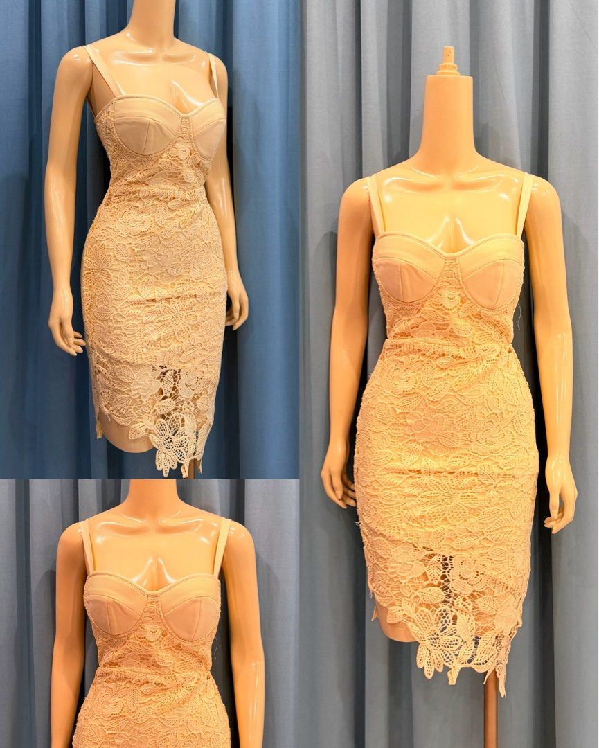 Lace Bodycon Dress (Category: Dresses) located in Angeles City. Submitted by hnyeverythingnice (Listing ID 1465115371, Image 1). Description: - Style: Yellow lace bodycon dress with a chic fitted silhouette - Details: Padded , thick straps, and an asymmetrical hem with intricate floral lace overlay - Length: Knee-length - Closure: Secure back zip - Condition: Excellent / Brand new (Ready to ship!) - Mode of Payment: GCash, Mari Bank , Go Tyme - S