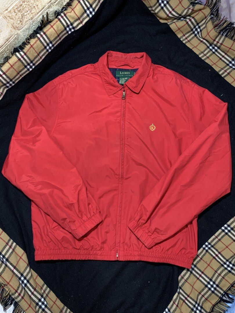 Lauren Ralph Lauren 90s crest harrington jacket(Authentic) (Category: Coats, Jackets and Outerwear) located in Cagayan de Oro. Submitted by chabermz (Listing ID 1465106591, Image 1). Description: - Brand/Model: Lauren Ralph Lauren Zip-Up Jacket - Size: Medium - Color: Bright red with dark blue plaid cotton lining - Hardware: Gold-tone zipper pull with YKK hardware - Details: Embroidered logo crest on left chest, ribbed elastic cuffs and hem - Sto