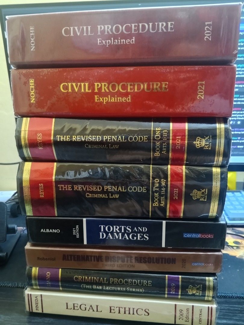 Law Books Bundle Civil Procedure Revised Penal Code Torts (Category: Textbooks) located in Laoag. Submitted by jirahviegenredizon-03807 (Listing ID 1465000659, Image 1). Description: - Complete law book set for students and bar reviewees - Mostly 2021 editions, all well-maintained and wrapped in plastic - Selling as a set only - Included titles: * Civil Procedure Explained by Noche * The Revised Penal Code by Reyes * Torts and Damages by Albano *