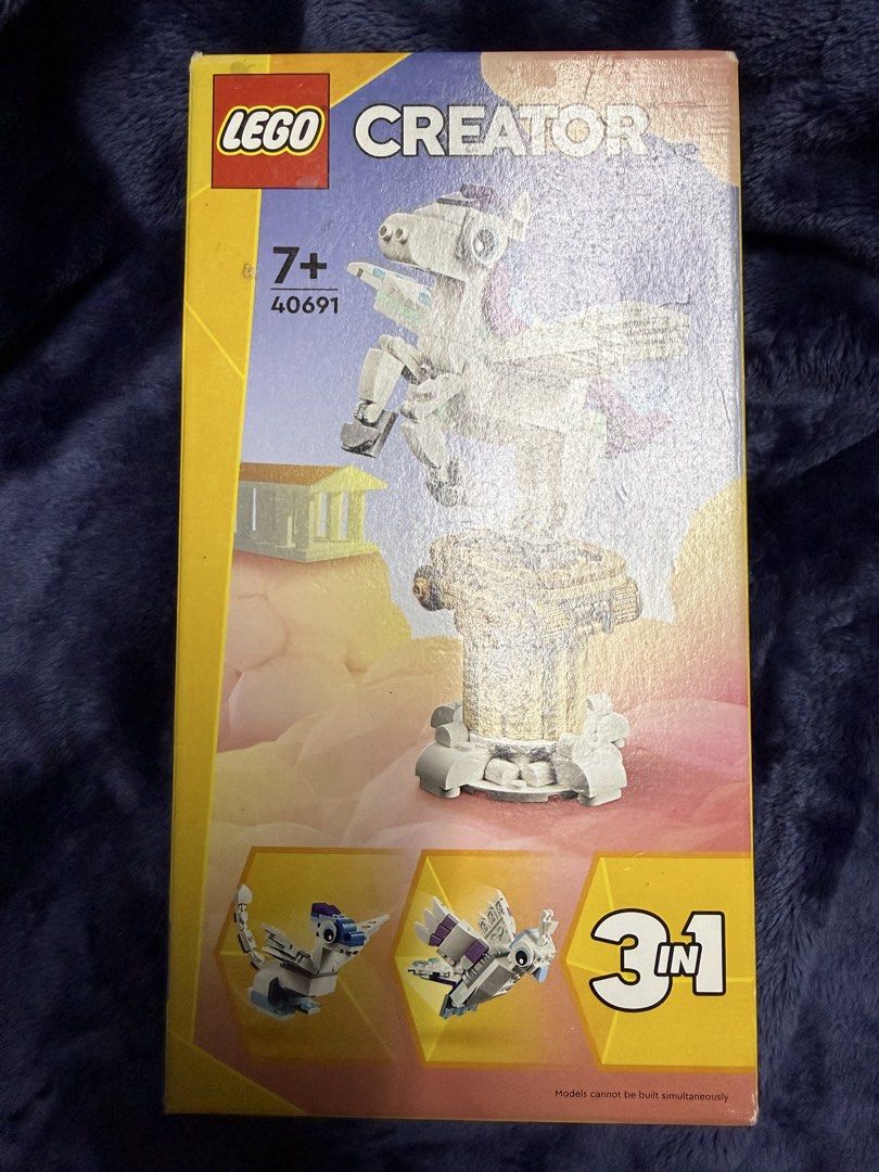 LEGO Creator 3-in-1 Mythical Pegasus 40691 (Category: Lego & Building Sets) located in Manila. Submitted by aybi.7.3.1 (Listing ID 1465057948, Image 1). Description: - Brand: LEGO Creator 3-in-1 (Set 40691) - Model: Mythical Pegasus on a column - Versatile: Rebuilds into alternative dragon or bird figures (build one at a time) - Condition: Brand new, unopened box - Recommended Age: 7+.