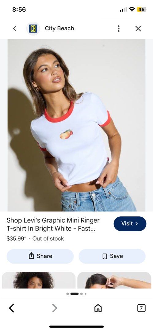 Levi's Graphic Mini Ringer T-Shirt Peach (Category: Shirts) located in San Mateo. Submitted by trendsph_956 (Listing ID 1465095893, Image 1). Description: - Brand: Levi's - Style: Graphic mini ringer tee with cropped fit - Color: Bright white with red contrast trim - Design: Cute chest graphic with iconic red tab detail - Material: Soft and comfortable cotton - Condition: Clean, well-kept, and ready to wear.
