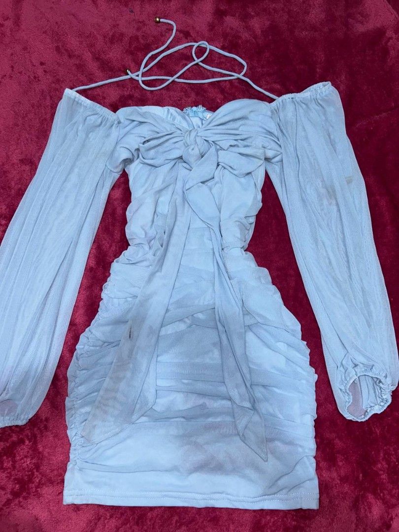 Light blue dress runched tie (Category: Dresses) located in Manila. Submitted by coolstuffs__ (Listing ID 1465162781, Image 2). Description: issue may stains lang kasi di nagamit natambak lang need lang labhan para mawala.
