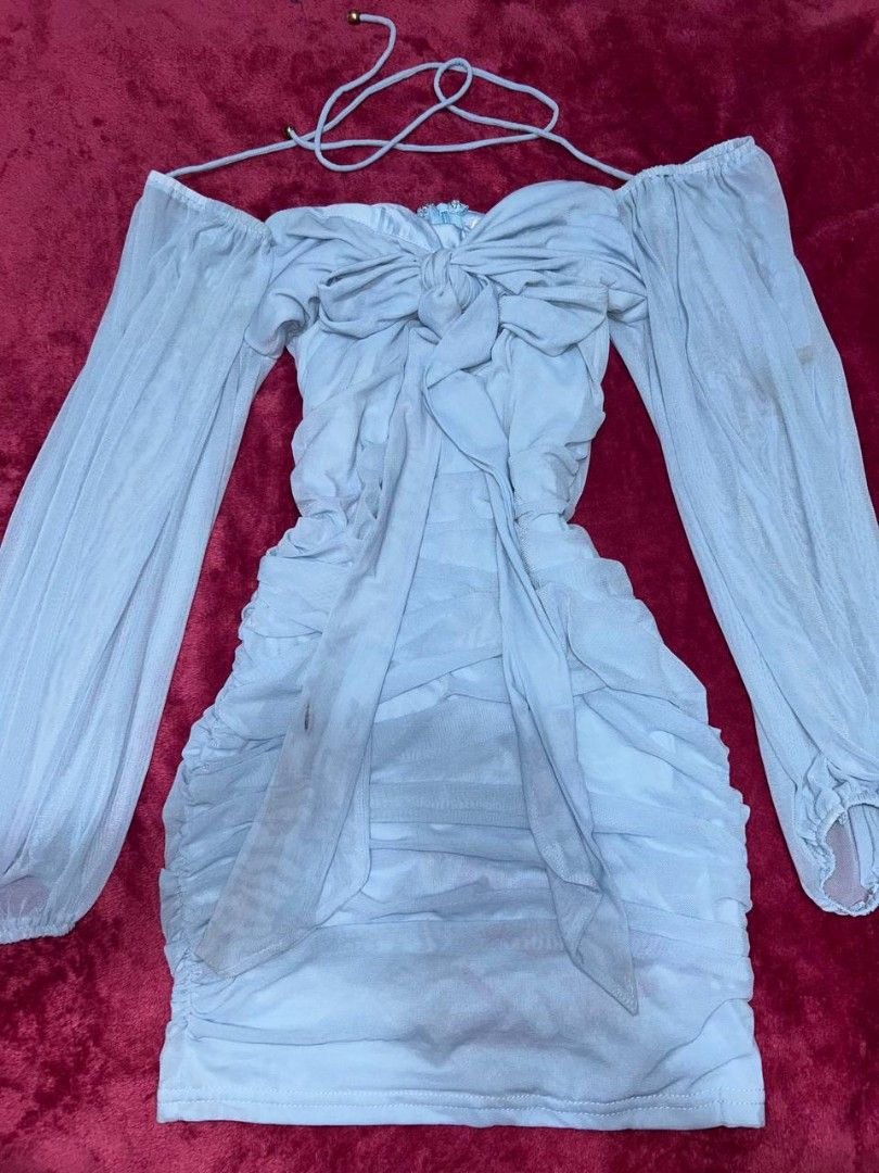 Light blue dress runched tie (Category: Dresses) located in Manila. Submitted by coolstuffs__ (Listing ID 1465162781, Image 1). Description: issue may stains lang kasi di nagamit natambak lang need lang labhan para mawala.