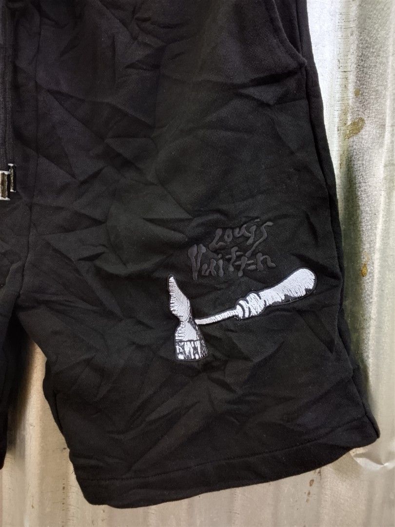 Louis Vuitton Black Tool Motif Drawstring Shorts Size S (Category: Shorts) located in Manila. Submitted by booool_034 (Listing ID 1465002193, Image 2). Description: - Brand: Louis Vuitton - Size: S (Made in Italy) - Material: Comfortable cotton fleece - Waist: Adjustable drawstring with branded metal tips - Details: White embroidered hammer and nails on the front, scissors design on the back pocket - Condition: Care tag attached inside - Style: L