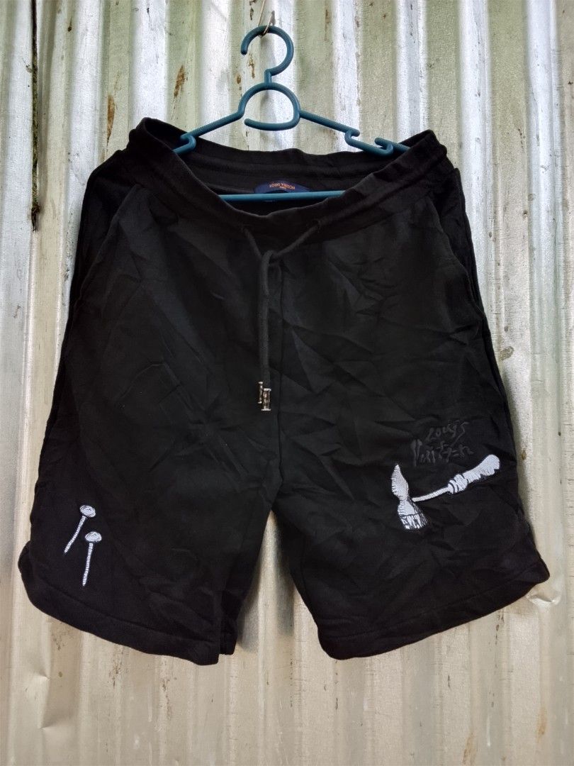 Louis Vuitton Black Tool Motif Drawstring Shorts Size S (Category: Shorts) located in Manila. Submitted by booool_034 (Listing ID 1465002193, Image 1). Description: - Brand: Louis Vuitton - Size: S (Made in Italy) - Material: Comfortable cotton fleece - Waist: Adjustable drawstring with branded metal tips - Details: White embroidered hammer and nails on the front, scissors design on the back pocket - Condition: Care tag attached inside - Style: L