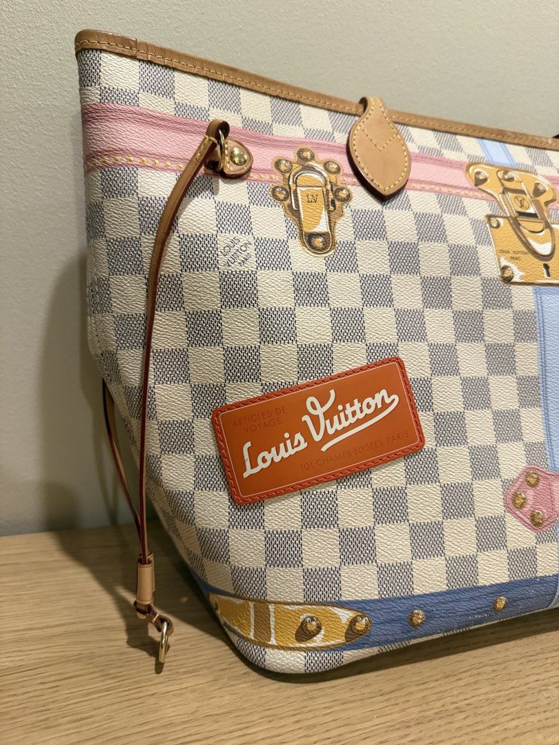Louis Vuitton Damier Azur Neverfull Bag (Category: Luxury Bags & Wallets) located in Makati City. Submitted by shop.millennialcloset (Listing ID 1465114155, Image 3). Description: Spring/Summer 2018 collection The Louis Vuitton Limited Edition Monogram Canvas Trompe L'oeil Screen Bag Neverfull MM Bag - Rare Damier Azur canvas with Trunks and Bags trompe-l'œil print. This particular bag features gorgeous Trompe L'oeil screen print inspired by vint