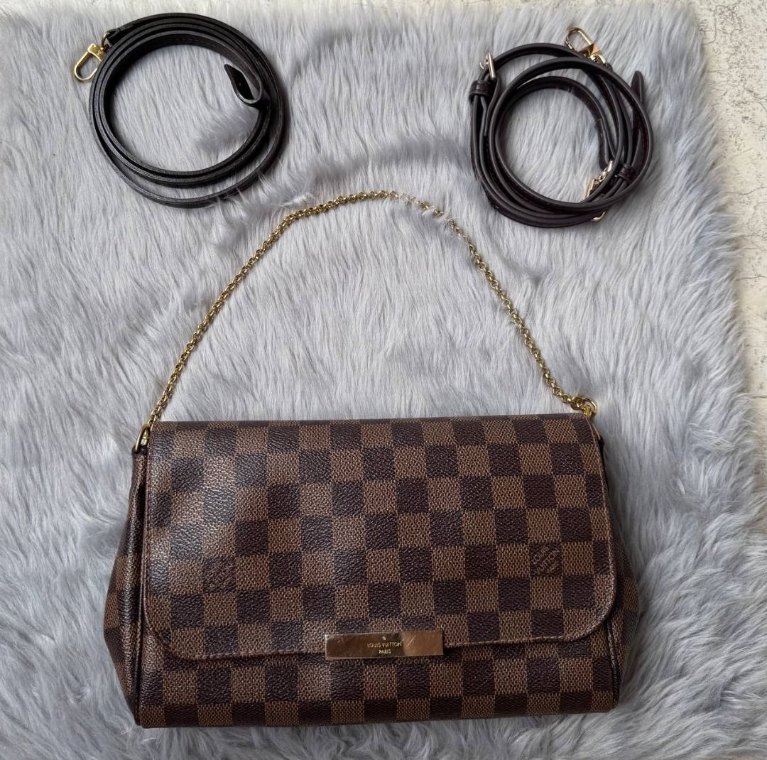 Louis Vuitton Damier Ebene Favorite PM (Category: Luxury Bags & Wallets) located in Manila. Submitted by tmicmd1989 (Listing ID 1465047927, Image 2). Description: - Authentic Louis Vuitton Damier Ebene canvas print - Includes a short gold-tone chain strap plus two leather straps for versatile styling - Flap closure featuring a metal LV-engraved front plaque - Clean structured shape with brown textile-lined interior compartment - Excellent for day