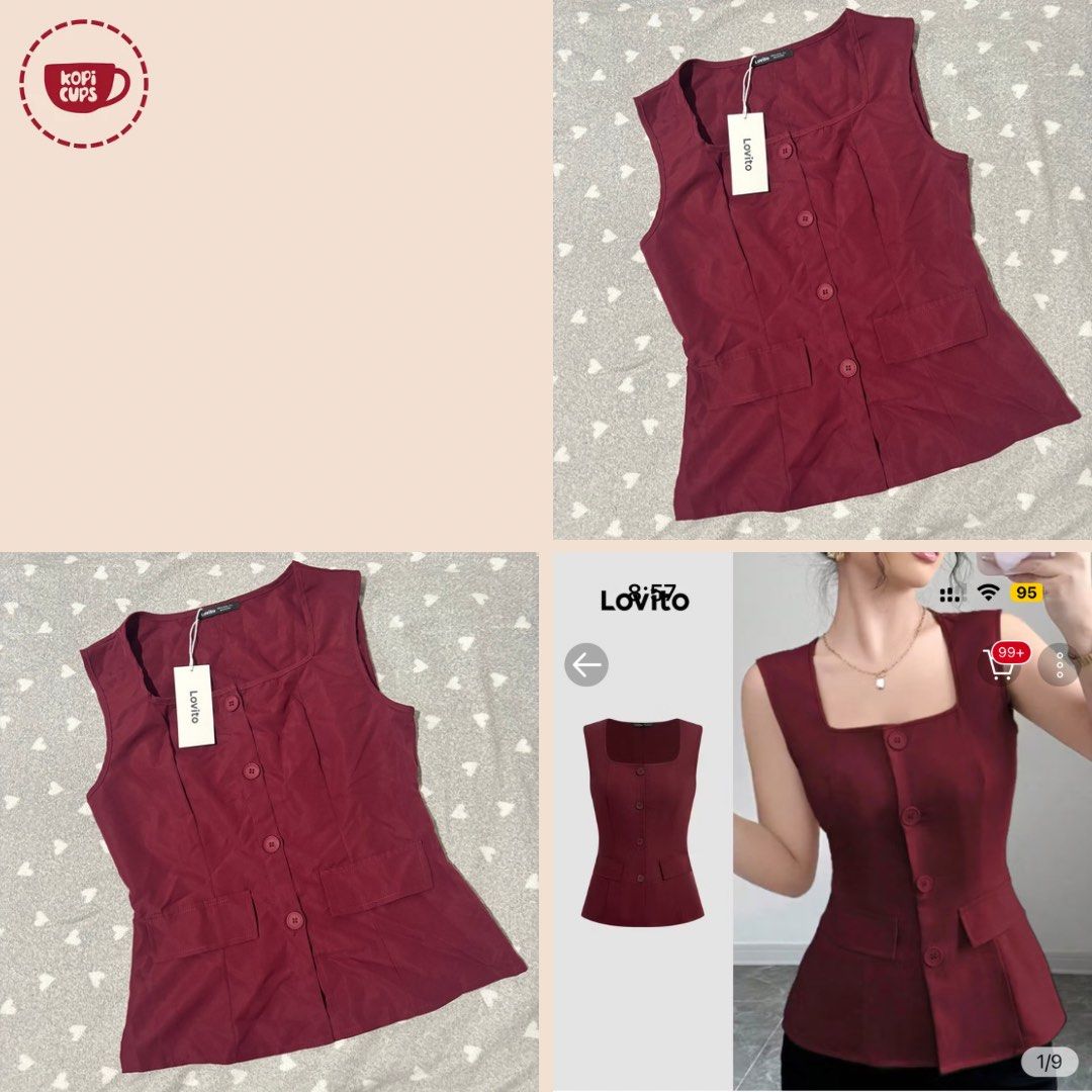 Lovito Maroon Square Neck Button-Up Vest (Category: Sleeveless) located in General Trias. Submitted by dddddaph (Listing ID 1465004603, Image 1). Description: - Brand: Lovito - Color: Maroon - Condition: Brand new with tags (never worn) - Style: Sleeveless vest with square neckline and front button closure - Details: Includes two lower pockets and a flattering flared hem.