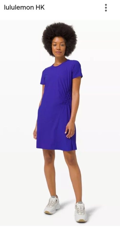 Lululemon Blue Athletic Dress Size 6 (Category: Dresses) located in Manila. Submitted by bravefalcon-fabccf (Listing ID 1465094211, Image 1). Description: - Brand: Lululemon - Style: Athletic dress - Color: Vibrant blue - Size: 6 (tag attached) - Material: Nylon and lycra elastane blend - Design: Short sleeves, round neckline, midi length - Special Features: Unique side ruching on the left hip and reflective logo near the bottom hem.