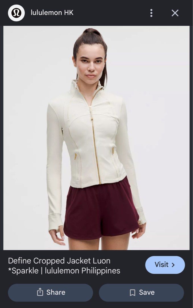 Lululemon Define Cropped Jacket Luon Sparkle (Authentic) (Category: Coats, Jackets and Outerwear) located in Cavite. Submitted by newclassicwear (Listing ID 1465028439, Image 1). Description: Size 10 On Dot Size (17width 24length) As New Condition. None Any Issue. 9.9 Honest Color Rate & Condition. Open For Meet Up Tanza Area. Tanza Cavite Location. Lululemon Define cropped jacket in a light beige sparkle colourway. Full front zip with metallic g