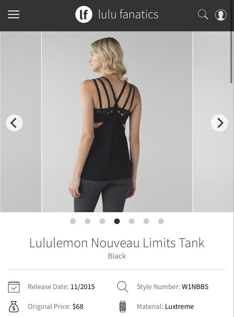 Lululemon Nouveau Limits Tank (Category: Activewear) located in Los Banos. Submitted by ashleyavinson03. (Listing ID 1465148906, Image 1). Description: Dot 2.