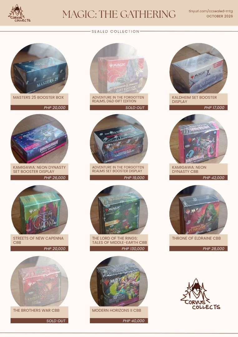 Magic: The Gathering Collector Booster Box (Category: Card Boxes & Cases) located in Quezon City. Submitted by abztan401331 (Listing ID 1465016600, Image 1). Description: Booster Box • Masters 25 - PHP 20,000 Collector Booster Display • Kamigawa: Neon Dynasty - PHP 42,000 • Streets of New Capenna - PHP 20,000 • The Lord of The Rings: Tales of Middle-Earth - PHP 130,000 • Throne of Eldraine - PHP 28,000 • Modern Horizons 2 - PHP 40,000 Set Booster