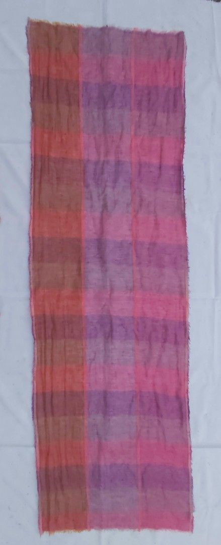 Maje Plaid Linen Silk Blend Scarf (Category: Scarves) located in Lapu Lapu. Submitted by agnesapm_29813 (Listing ID 1465106008, Image 3). Description: - Brand: Maje (Style No. JYM41Z3) - Color: Vibrant pink, orange, and purple checkered pattern - Material: 47% cotton, 47% linen, 6% silk blend (lightweight and breathable) - Details: Fringe edges on both ends - Measurements: 66 x 21 inches .