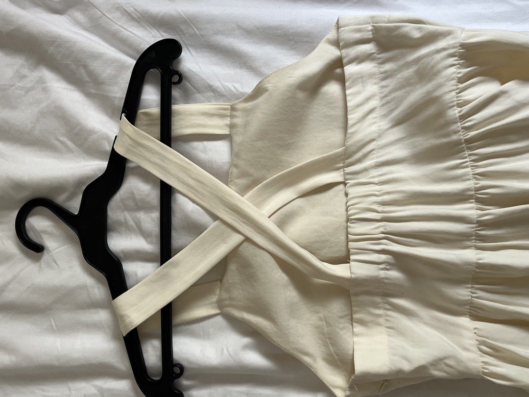 Mango Cream Dress XS (Category: Dresses) located in Manila. Submitted by tidymarket (Listing ID 1464999432, Image 2). Description: - Brand: Mango - Size: EUR XS / USA 2 - Color: Off-white - Design: Criss-cross back straps, tiered skirt - Closure: Side zipper - Condition: Slight tear on the left strap but can be mended .