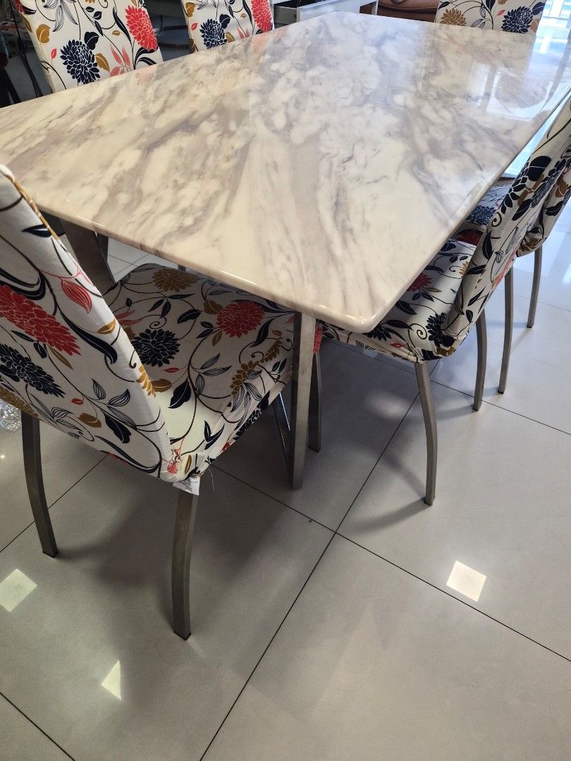 Marble Dining Table (Category: Tables & Sets) located in Singapore. Submitted by kittynara99 (Listing ID 1464987539, Image 1). Description: preloved condition some minor defects not very visible self collection only not for fussy buyer move out sale chairs not included heavyweight table.
