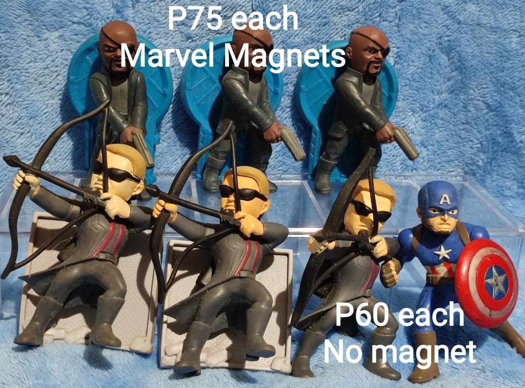 Marvel Avengers Magnetic Action Figure Set (Category: Figurines & Statues) located in Baguio. Submitted by abigailmyra (Listing ID 1461567833, Image 3). Description: - Set of Marvel Avengers action figures with magnets - Includes Captain America, Nick Fury, Hawkeye, & War Machine -PHP 75 each -PHP 60 each for the ones without magnet - Perfect for display or play loc:Baguio-CAR.
