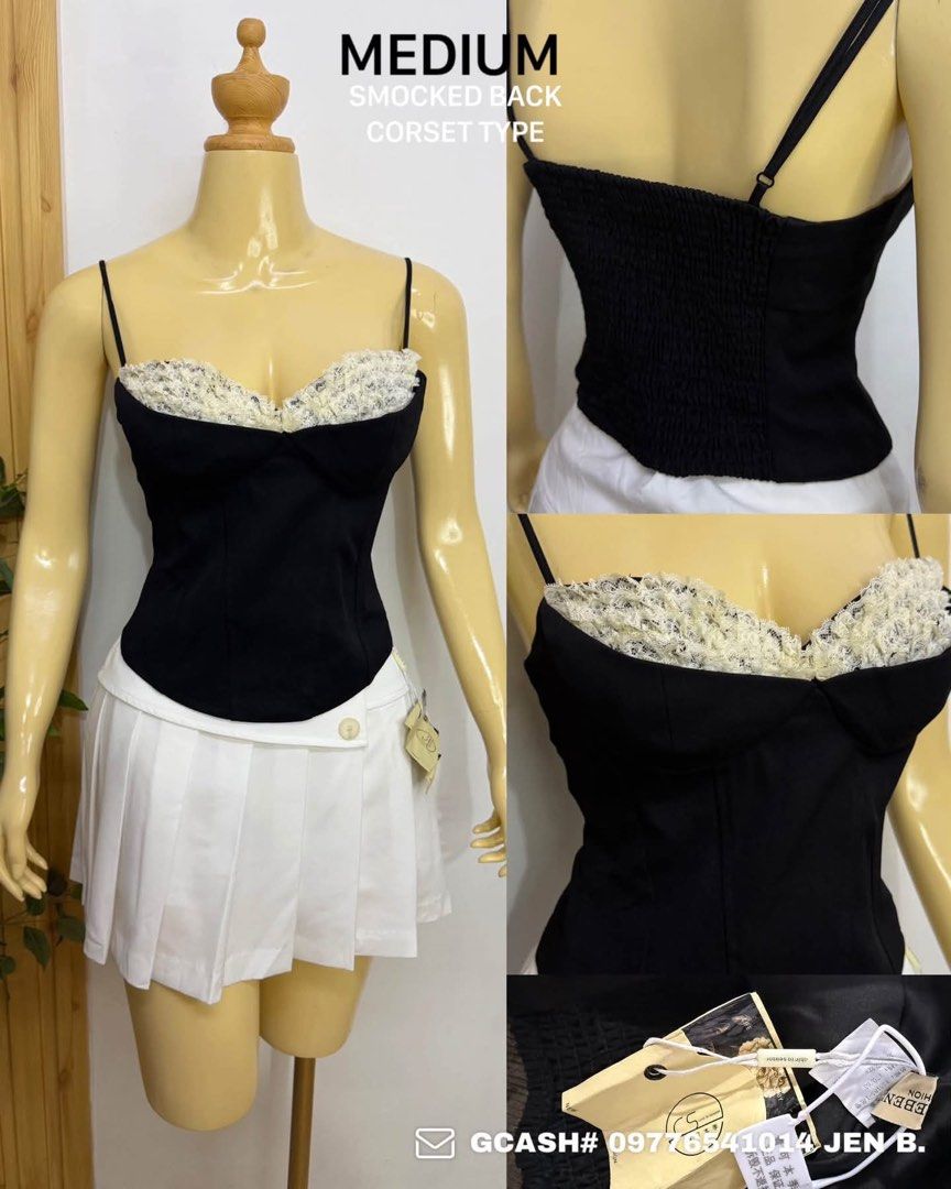 Medium Black Corset Top with Cream Lace Trim (Category: Sleeveless) located in Tagum. Submitted by bernardino49694 (Listing ID 1465005161, Image 1). Description: - Size: Medium - Color: Black with cream lace trim - Condition: Brand new with original tags attached - Features: Sweetheart neckline, adjustable thin straps, and a smocked elastic back panel for a comfortable stretch - Styling Tip: Pair with a white pleated skirt for a complete, trendy 