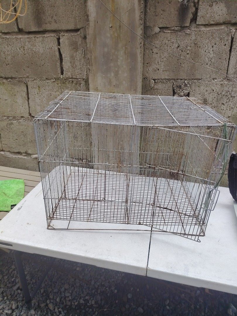 Bird cage small no poop tray (Category: Home Improvement Tools & Accessories) located in Makati City. Submitted by cess_preloved (Listing ID 1464977246, Image 1). Description: - Type: Rectangular metal wire pet cage - Features: Grid flooring, secure front door with latch closure - Condition: Sturdy and functional, with some rust spots from previous use - Maintenance: Needs a quick wash/scrub before use - Ideal for: Small pets or birds - Rall: Bud
