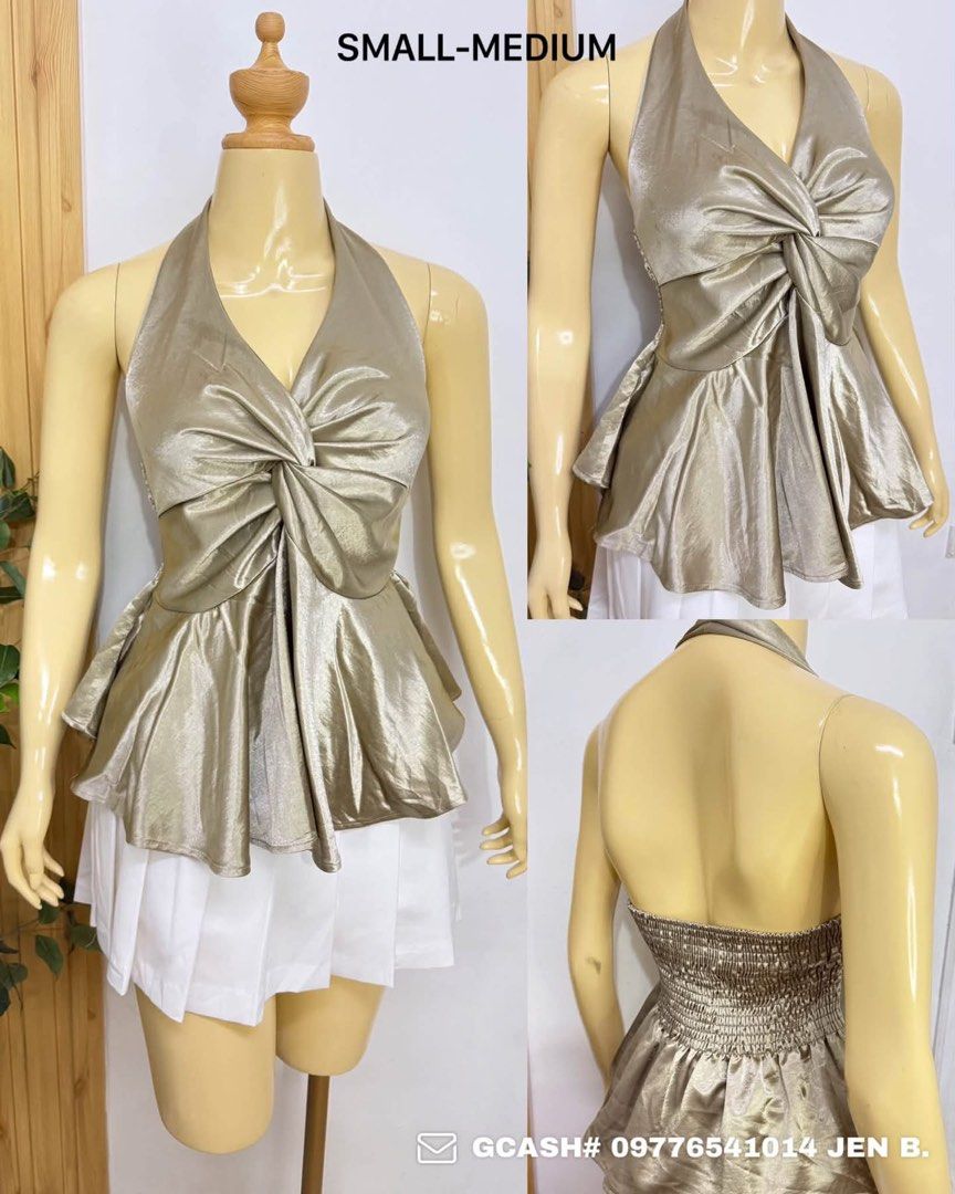 Metallic Gold Halter Peplum Top Small Medium (Category: Sleeveless) located in Tagum. Submitted by bernardino49694 (Listing ID 1465006574, Image 1). Description: - Color/Fabric: Shiny metallic gold that catches the light - Design: Halter neckline with a chic front knot and peplum flared hem - Fit: Small to Medium with a stretchy smocked back band for a snug, comfortable fit - Styling: Perfect for parties and nights out; easy to match with white s