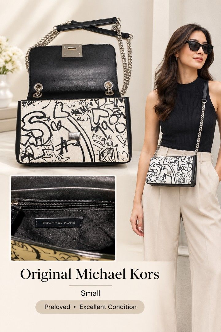 Michael Kors Graffiti Print Small Shoulder Bag (Category: Luxury Bags & Wallets) located in Digos. Submitted by chicandglowbargains (Listing ID 1465011220, Image 1). Description: - Brand: Michael Kors - Style: Small shoulder / crossbody bag - Print/Color: Black and white graffiti print - Hardware: Silver-tone with leather flap closure - Strap: Versatile chain and leather strap for shoulder or crossbody wear - Interior: MK logo fabric lining with 
