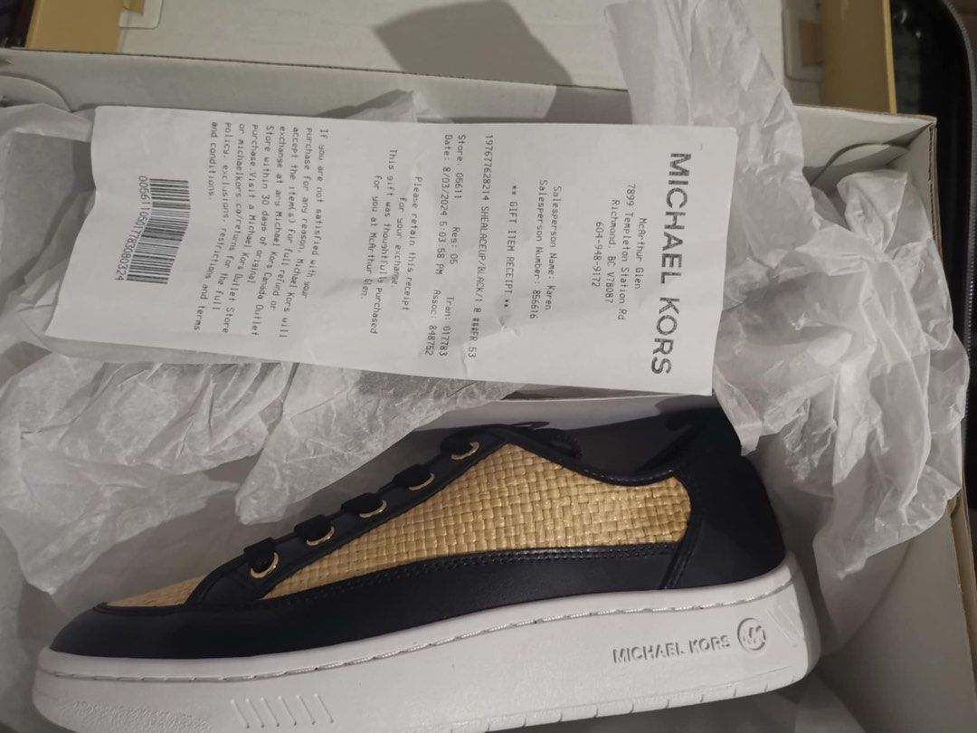 Michael Kors Shealaceup Black Sneakers (Category: Sneakers) located in Manila. Submitted by cleverstone_21f597 (Listing ID 1464975340, Image 1). Description: - Brand: Michael Kors - Condition: Brand new, unworn, straight from packaging - Color/Design: Black and woven beige with black leather trim - Details: White platform soles with embossed branding and gold-tone eyelets - Inclusions: Original box and store receipt from McArthur Glen - Reason fo