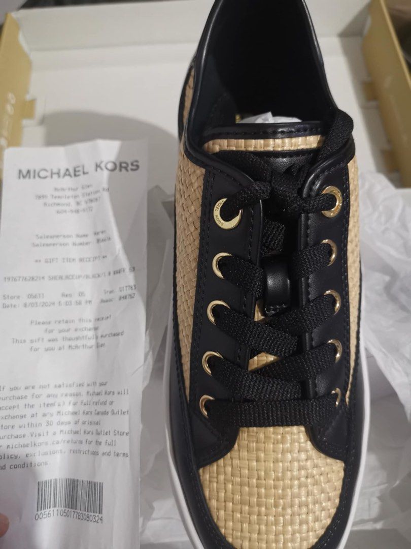 Michael Kors Shealaceup Black Sneakers (Category: Sneakers) located in Manila. Submitted by cleverstone_21f597 (Listing ID 1464975340, Image 2). Description: - Brand: Michael Kors - Condition: Brand new, unworn, straight from packaging - Color/Design: Black and woven beige with black leather trim - Details: White platform soles with embossed branding and gold-tone eyelets - Inclusions: Original box and store receipt from McArthur Glen - Reason fo