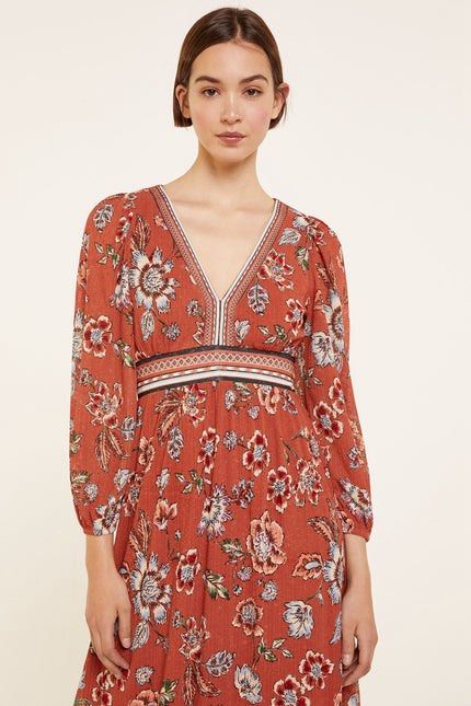 Midi Circular Printed Boho Dress (Category: Dresses) located in Bacoor. Submitted by thecurated.drop2026 (Listing ID 1465072975, Image 2). Description: - Size: EUR/ITA XS MEX 24 USA XS - Color & Pattern: Rust orange with all-over floral print - Neckline & Sleeves: Flattering V-neck with long balloon sleeves - Details: Midi Circular Printed Boho Dress; Contrast Color Panel At Dress Edge And Neckline - Fabric: Lightweight and textured - Length: Mid