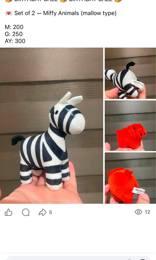 Miffy Animals Mallow Type Set Zebra and Pig (Category: Plushies & Soft Toys) located in Caloocan City. Submitted by miffuph (Listing ID 1465128148, Image 1). Description: - Authentic Dick Bruna Miffy merchandise - Set of 2: Zebra and Red Pig - Super soft and squishy 'mallow' texture - Comes with original tags attached - Clean, well-kept, and collector-ready.