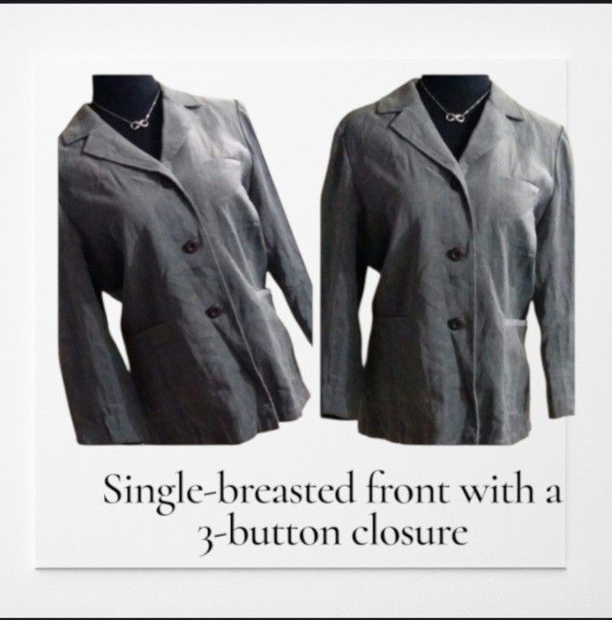 Minimalist Gray Suede Button-Down Blazer – Single Breasted Utility Jacket (Category: Coats, Jackets and Outerwear) located in Bacoor. Submitted by aithriftcloset (Listing ID 1465113085, Image 3). Description: • Minimalist Gray Suede Button-Down Blazer – Single Breasted Utility Jacket Product Description • Style: Classic casual blazer jacket with a relaxed, minimalist, and lightweight construction. • Fabric: Soft, textured gray suede. • Color: Sol